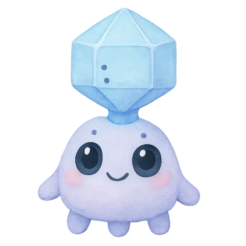 rich vibrant watercolor illustration, kawaii microbiology character, full body clearly visible from top to bottom, extra space above head, centered composition, framed so character occupies no more than 70% of canvas height, chubby bacteriophage with rounded crystal head and short soft legs, soft pastel microbiology palette (glacier blue and lilac with gentle periwinkle accents only), large glossy oval eyes, deep rich black pupils that are perfectly smooth, solid, and uniform (no watercolor texture, no noise, no grain), glassy finish with two clean reflective highlights in pale blue and pale pink (not white so they remain visible on transparent PNG), tiny dot eyebrows, small simple smiling mouth, rosy cheeks, soft diffuse watercolor edges, smooth clean outer silhouette, crisp transparent cutout edge, no outer shading, no vignette, no background wash, no border, no text, transparent background