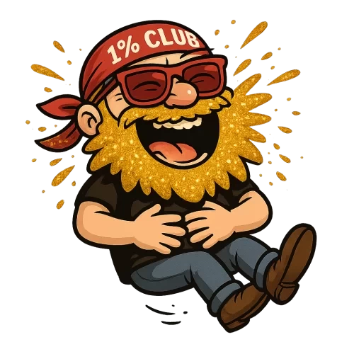 Same character as base prompt (golden explosion beard, red sunglasses, '1% Club' red bandana), now laughing hysterically with hands on belly, mouth wide open showing one missing tooth, golden beard particles flying, eyes squinted, legs crossed mid-air, transparent PNG.