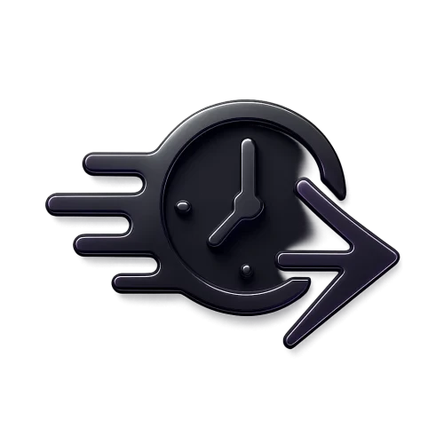 A premium, futuristic minimal icon symbolizing speed and efficiency. Features a stylized arrow or motion lines and a clock conveying fast movement. Simple geometric composition with smooth curved shapes, neon purple accents, dark gray tones, subtle glow and reflections. No text, no background, transparent backdrop, isolated vector-like design for website use. Clean, easy-to-read, minimal details for small-size visibility, consistent with futuristic marketing visuals.