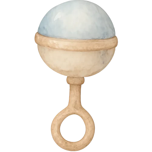 watercolor vintage baby rattle, round top with small handle, soft pastel blue beige and brown palette, hand-painted texture, gentle highlights and shadows, cute baby shower theme, transparent background, high quality