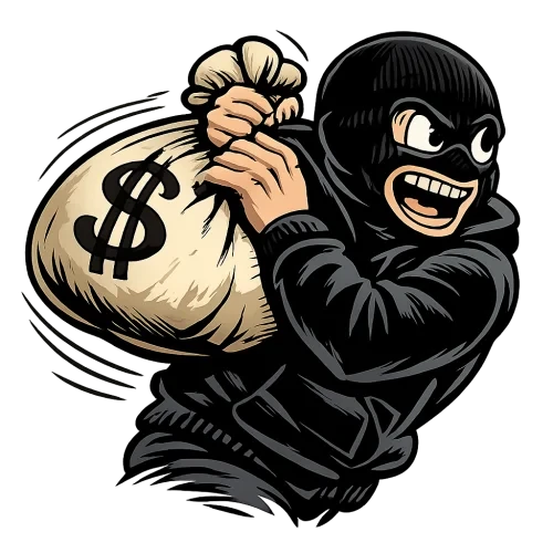 A mature vintage cartoon-style illustrated character in dynamic right profile from waist up, wearing a black wool balaclava showing only expressive eyes and mouth with a crazed wild expression, a plain black hoodie with high contrast suitable for printing on a black T-shirt, struggling while running and gripping a heavy cloth money bag with a large $ symbol by the top knot with both hands in a rough, desperate way like a vagabond carrying his loot, the money bag supported on his right shoulder and leaning partly against his back as if weighing a lot, classic cartoon line art with varied line thickness and expressive bold outlines, clear sense of intense motion and urgency, slight muted color palette and subtle shading, transparent background, high resolution PNG with no extra elements.
