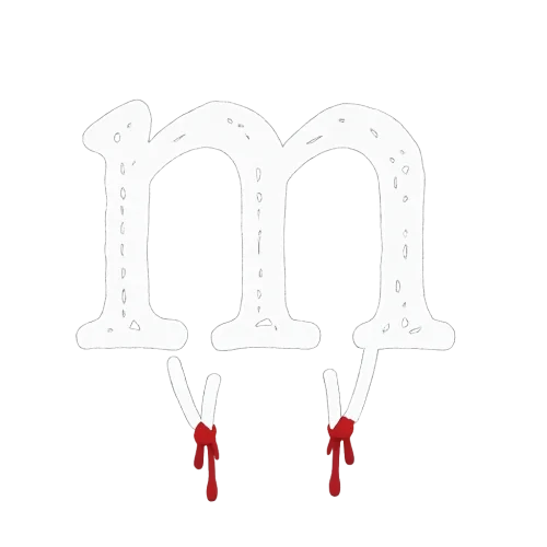 a white spooky outline of the lowercase letter m with bloody fangs