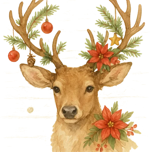 Watercolor Christmas reindeer portrait, elegant and cute, antlers decorated with small holiday ornaments, pine branches, red winter flowers, rustic woodland style, soft warm colors, white wood background, high detail, cozy farmhouse Christmas aesthetic
