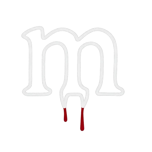 a white spooky outline of the lowercase letter m with bloody fangs