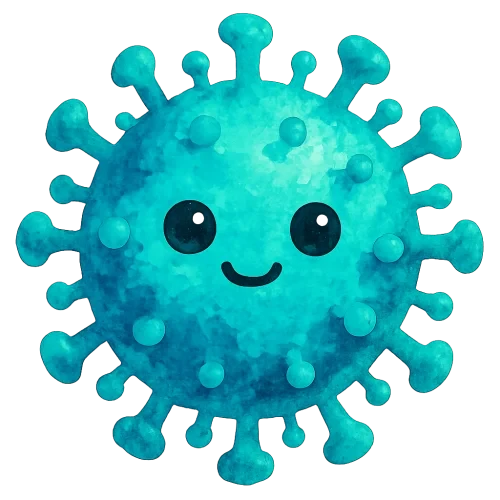 vibrant high-saturation watercolor of a round virus with thick, rich teal and aqua pigments, soft rounded spike proteins, cute eyes, small smile, strong contrast, no text, no border, transparent background