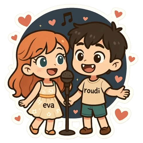 Cute cartoon couple, girl with orange hair and blue eyes wearing sweet dress of summer with "eva", boy with black hair and brown eyes vampire teeth wearing cute outfit of summer with "roudi", singing in the studio of hearts in the night, sweet couple sticker style, transparent background, 512x512