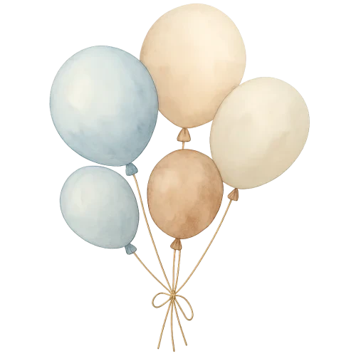 watercolor vintage baby shower balloons, soft pastel blue beige and brown colors, hand-painted style, gentle light and shadow, tied with thin beige string, cozy and cute composition, floating softly, transparent background, high quality illustration
