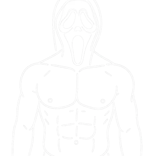 A white outline of Ghostface from the Scream movie, with no black robe, with man's bare chest and visible abs, transparent background