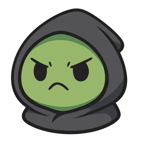 2D digital illustration of a Digimon-baby–inspired blob character, eyes frowning, mouth closed, head-only, rounded green blob face, dark gray hoodie hood framing the head, no limbs, no torso, cute chibi monster style, simple shapes, thick clean outlines, flat colors with subtle shading, centered composition, transparent background, high resolution, sharp edges, no blur, clear silhouette, vector-like clarity, PNG-style asset, no background, alpha channel, transparent PNG