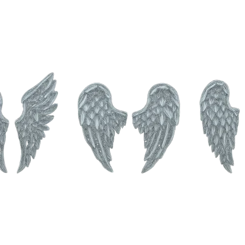 Transparent crystal angel wings, faceted like diamond, luminous, glass-like texture, isolated on transparent background, no body, no background, only wings, three variations: open, half-open, closed.