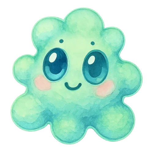 rich vibrant watercolor illustration, kawaii microbiology character, soft round probiotic amoeba buddy made of pillowy connected blobs, soft pastel microbiology palette (main colors seafoam green and baby blue with gentle mint accent only, not full rainbow), large shiny oval eyes with deep black pupils and big pale blue + pale pink reflective highlights (non-white so they remain visible on transparent PNG), tiny dot eyebrows, small smiling mouth, rosy cheeks, soft diffuse watercolor edges, no text, no border, transparent background