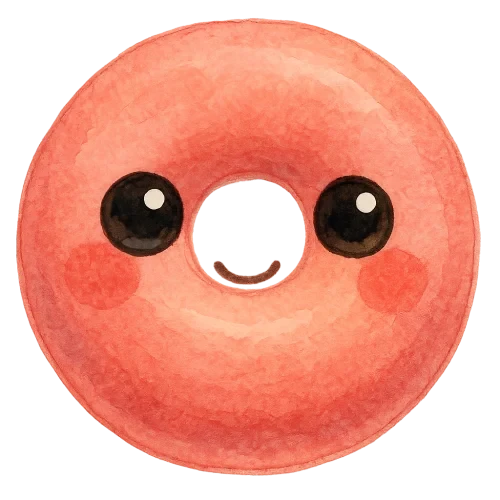 rich vibrant watercolor illustration, cute kawaii microbiology character, round donut-shaped red blood cell buddy with soft padded texture, pastel coral and peach pink pigments softly blended, big shiny eyes with light colored highlights, rosy cheeks, soft edges, no text, no border, no color overlapping graphic outline,transparent background