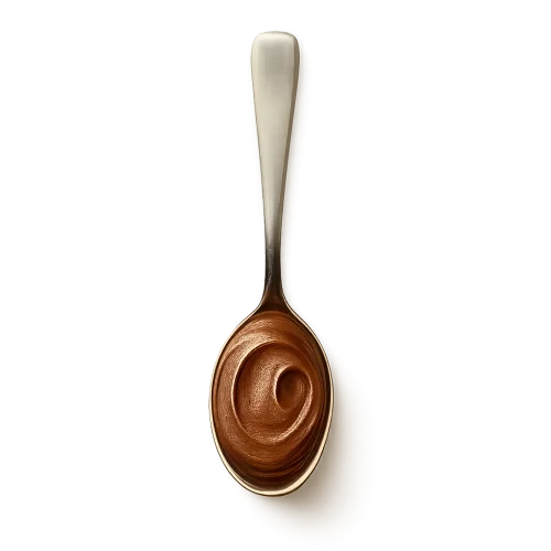 A full stainless steel spoon filled with creamy smooth chocolate peanut butter, photographed from a top-down overhead angle. The spoon must be shown entirely from handle tip to scoop, with large empty space above, below, and around it so that nothing touches the edge of the image. The chocolate peanut butter should appear rich cocoa-brown, velvety, thick, smooth, and naturally glossy, with soft textured swirl lines.  Warm soft studio lighting for a premium, cozy, artisanal look. Include a soft, subtle shadow beneath the spoon so it appears gently resting on the label surface. Transparent PNG, no background.  Composition Requirements:  Spoon must appear small enough to fully fit inside the frame  At least 15–25% padding around all sides  Vertical centered orientation (handle at top, scoop at bottom)  Make sure the entire spoon is visible from end to end  Do NOT: crop any part of the spoon zoom in cut off the tip or handle tilt or angle the spoon create clutter or props change angle  Important: ZOOM OUT. EXTENDED CANVAS. FULL SPOON. GENEROUS EMPTY SPACE.