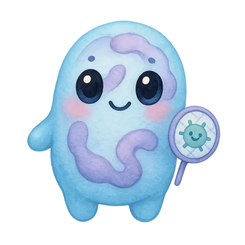 rich vibrant watercolor illustration, kawaii immunology character, full body clearly visible with extra space around, centered composition, framed so character occupies no more than 70% of canvas height, cute neutrophil jellybean defender shaped like a plump smooth jellybean with soft pillowy texture and tiny segmented nucleus pattern inside like gentle swirled ribbons, soft pastel hematology palette (main colors powdered sky blue and soft steel lavender with gentle lilac accent only), large glossy oval eyes, deep rich black pupils that are perfectly smooth, solid, and uniform (no watercolor texture, no noise, no grain), glassy finish with clean reflective highlights in pale blue and pale pink (not white so they remain visible on transparent PNG), tiny dot eyebrows, small confident smiling mouth, subtle rosy cheek tint, holding a tiny pastel germ net or shield, soft diffuse watercolor shading, smooth clean outer silhouette, crisp transparent cutout edge, no outer shading, no glow, no vignette, no background wash, no border, no text, transparent background