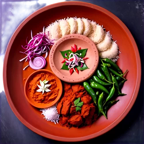 A photorealistic, highly detailed, a traditional terracotta clay plate, top-down view. The plate is generously filled with authentic Bengali New Year (Pahela Boishakh) food. The centerpiece is Panta Bhat, fermented rice, glistening and moist, with a few whole green chilies and a slice of red onion on top. To the side, there is a fried Ilish Mach (Hilsa fish) piece, golden brown and crispy, with detailed scales and fins visible. The plate is also filled with an assortment of traditional Bengali sweets like multiple pieces of sandesh, roshogolla, and chomchom in different colors and shapes, all slightly glistening. The plate should have traditional Bengali terracotta patterns etched along the rim, showing wear and tear. The image should have soft, natural lighting highlighting the textures of the food and plate, creating a warm and inviting atmosphere. No other elements should be present, only the food-filled plate. detailed, highly sharp, clear, clean line, artistic, eye catching, very attractive, 128k extremely realistic,  uhd.