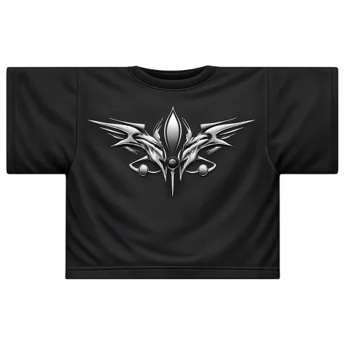 High-resolution flat texture for a Roblox classic shirt, Y2K streetwear style, dark black fabric with subtle silver futuristic centered graphic, symmetrical, realistic fabric shading and folds, transparent background, front view only, clean composition, no text, PNG
