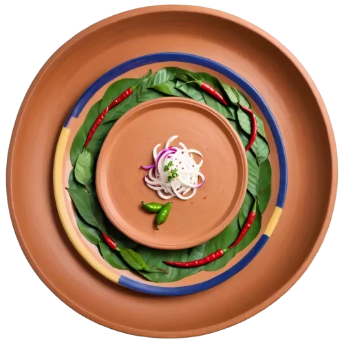 A photorealistic, highly detailed, a traditional terracotta clay plate, top-down view. The plate is generously filled with authentic Bengali New Year (Pahela Boishakh) food. The centerpiece is Panta Bhat, fermented rice, glistening and moist, with a few whole green chilies and a slice of red onion on top. To the side, there is a fried Ilish Mach (Hilsa fish) piece, golden brown and crispy, with detailed scales and fins visible. The plate is also filled with an assortment of traditional Bengali sweets like multiple pieces of sandesh, roshogolla, and chomchom in different colors and shapes, all slightly glistening. The plate should have traditional Bengali terracotta patterns etched along the rim, showing wear and tear. The image should have soft, natural lighting highlighting the textures of the food and plate, creating a warm and inviting atmosphere. No other elements should be present, only the food-filled plate. detailed, highly sharp, clear, clean line, artistic, eye catching, very attractive, 128k extremely realistic,  uhd.