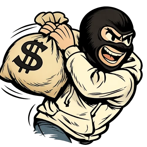 A mature vintage cartoon-style illustrated character in dynamic right profile from waist up, wearing a black wool balaclava showing only expressive eyes and mouth with a crazed wild expression, a basic white hoodie, gripping the heavy cloth money bag with a large $ symbol by the top knot with both hands, the money bag supported on his right shoulder and leaning partly against his back as if weighing a lot, clear sense of motion like running away with the loot, classic cartoon line art with varied line thickness and expressive bold outlines, emphasis on intense facial expression and dynamic posture, slight muted color palette and subtle shading, transparent background, high resolution PNG with no extra elements.