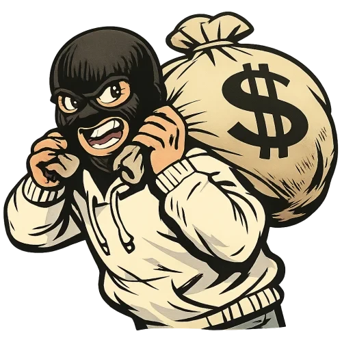 A mature vintage cartoon-style illustrated character in dynamic right profile from waist up, wearing a black wool balaclava showing only eyes and mouth with a crazed wild expression, a basic white hoodie, holding a heavy cloth money bag with a large $ symbol supported on his right shoulder and leaning partly against his back with both hands as if weighing a lot, classic cartoon line art with varied line thickness and expressive bold outlines, slight muted color palette and subtle shading, transparent background, high resolution PNG with no extra elements.