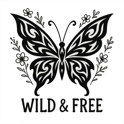 A tribal-inspired butterfly with bold black tattoo-style patterns, surrounded by subtle floral elements, with the phrase “WILD & FREE” in rustic handwritten font, transparent background, high resolution, perfect for apparel and stickers