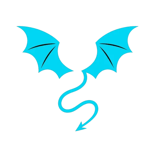 Minimalist vector illustration. **Isolated, stylized devil wings with pointed tips and scalloped edges, resembling bat wings. Below them, an isolated devil tail, thin and elegant, curving gracefully into a sharp, triangular barb at the end.** All elements feature sharp, clean lines and solid, uniform shapes without any gradients or textures. Absolutely no glow, neon, or reflective effects. High contrast design with all elements in a bright, vibrant cyan against a pure, plain black background. The overall aesthetic is clean, crisp, and emblematic of a modern, flat vector graphic