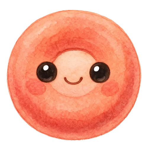 rich vibrant watercolor illustration, cute kawaii microbiology character, round donut-shaped red blood cell buddy with soft padded texture, pastel coral and peach pink pigments softly blended, big shiny eyes, rosy cheeks, soft edges, no text, no border, no color overlapping graphic outline,transparent background