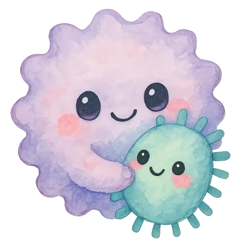 rich vibrant watercolor illustration, cute kawaii microbiology character, big fluffy macrophage nom-nom gently hugging a tiny pastel germ friend (wholesome, non-threatening), pastel lavender, mint, and cotton candy pink pigments, big shiny eyes, rosy cheeks, soft edges but clear ending to graphic with no shading or leaking color outside of edges, no text, no border, transparent background