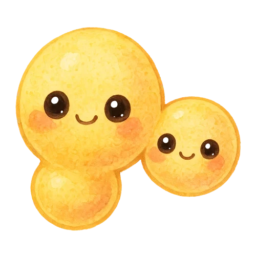 rich vibrant watercolor illustration, cute kawaii microbiology character, budding yeast buddy with two round connected cells, pastel sunshine yellow and peach pigments softly blended, tiny cell wall texture, big shiny eyes with light colored highlights, rosy cheeks, soft edges, no text, no border, transparent background