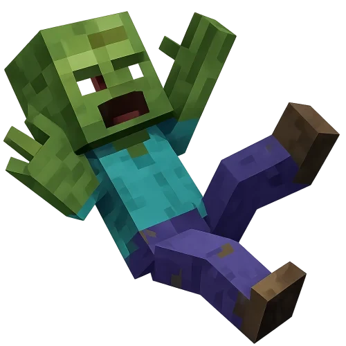 A Minecraft-style zombie villager, blocky and pixelated, shown from a side view. The zombie villager is mid-fall backwards with arms flailing and one leg bent, wearing tattered clothes and a surprised expression. The art should be sharp and clean — no motion blur and no shadow — and match Minecraft’s blocky texture style. Use a transparent or white background with bright, even lighting.