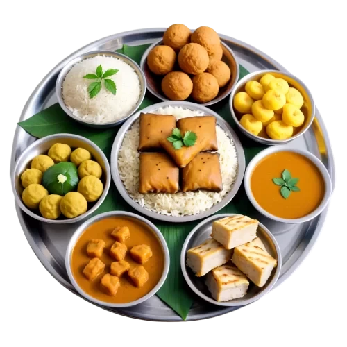 Illustrate a traditional Baisakhi meal, dishe like panta bhat (soaked rice), ilish mach (Hilsa fish), and various sweets. . detailed, highly sharp, clear, clean line, artistic, eye catching, very attractive, 128k extremely realistic,  uhd.
