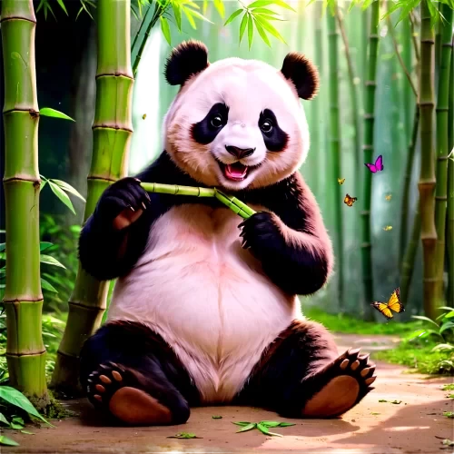 panda sitting in the ground  of the shop ,eatting bamboo, full with create  ,colorful ,funful and joyful , some butterfly flying around the panda,cute and beauty,