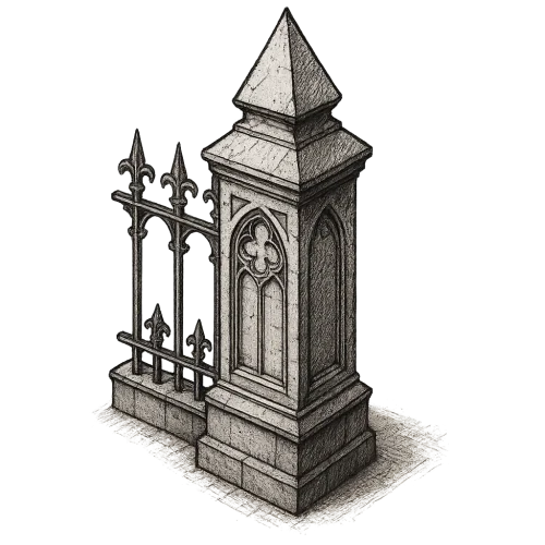 gothic style, fence pillar, drawn style, transparent background, isometric view