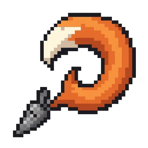 8bit pixel art style, small grey metal carrot without leaves positionned in the bottom left corner and a large fox tail sprouting from the top of the carrot, swirling clockwise and taking most of the picture space