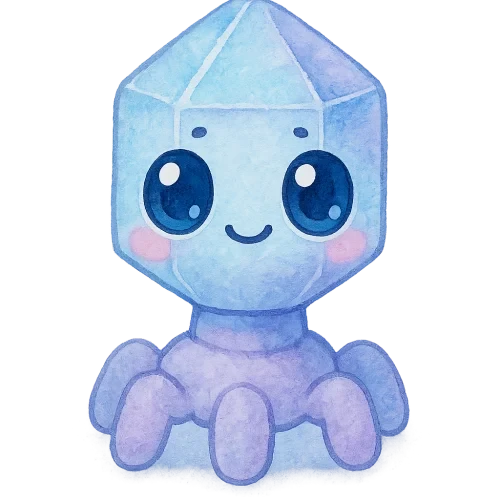 rich vibrant watercolor illustration, kawaii microbiology character, chubby bacteriophage with a rounded crystal-shaped head and short soft legs, soft pastel microbiology palette (main colors glacier blue and lilac with gentle periwinkle accent only, not full rainbow), large shiny oval eyes with deep black pupils and big pale blue + pale pink reflective highlights (non-white so they remain visible on transparent PNG), tiny dot eyebrows, small simple smiling mouth, rosy cheeks, soft diffuse watercolor edges, no text, no border, extra canvas padding around character, transparent background