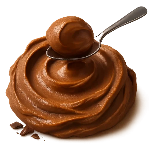 A realistic, appetizing swirl of chocolate peanut butter in rich cocoa-brown and warm nutty tones. The swirl must look natural and hand-scooped — with soft uneven ridges, gentle peaks, and organic flowing curves (NOT a perfect circle). The peanut butter should look thick, creamy, and luscious with a velvety smooth surface and natural glossy highlights, showing soft light reflections on the peaks and deeper shadows in the folds.   Place a shiny stainless-steel spoon **resting lightly on top of the swirl**, not dipped in, with a small, elegant scoop of the chocolate peanut butter sitting on the spoon — as if just lifted for tasting.   Add a few small, subtle chocolate pieces or delicate chocolate shavings near the base — elegant and minimal. Soft warm studio lighting for a cozy premium feel. Include a soft natural shadow beneath to make the swirl and spoon appear resting on the label surface.  **Transparent PNG**, no background, no bowl, no table. Centered composition, photorealistic, artisan food photography style.  **Do NOT:** make the swirl perfectly circular, too smooth like frosting, or symmetrical.