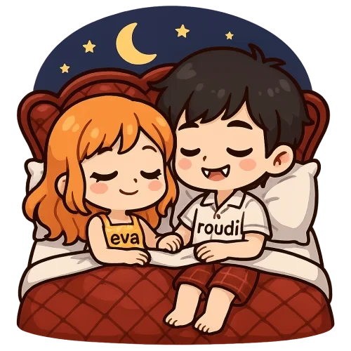 Cute cartoon couple, girl with orange hair and blue eyes wearing sweet dress of summer with "eva", boy with black hair and brown eyes vampire teeth wearing cute outfit of summer with "roudi", sleep in the lux bed of hearts in the night, sweet couple sticker style, transparent background, 512x512