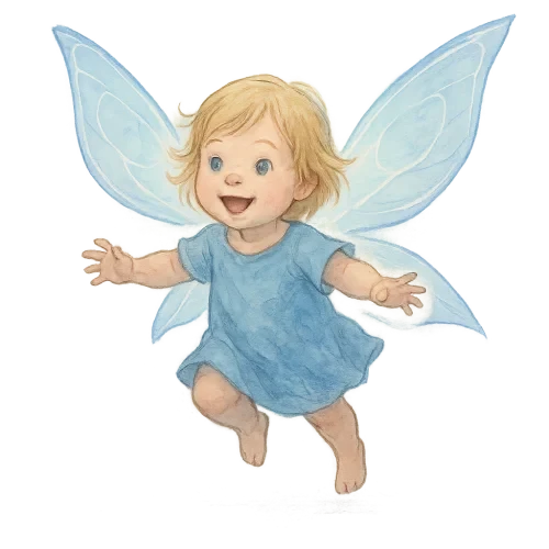 A 2-year-old child with medium-length blonde hair and blue eyes, wearing a simple flowing blue outfit, with large glowing transparent fairy wings inspired by the heroine from Child of Light. Flying over the ground with a gleeful expression. Illustrated in a dreamy watercolor style, soft brushstrokes, pastel blue and lavender tones, ethereal fantasy atmosphere, luminous backlight, delicate outlines, storybook art style, Ubisoft Montreal concept art style, transparent background.