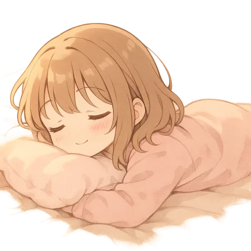 cute anime girl sleeping on her stomach, soft cozy bed, gentle warm lighting, peaceful expression, pastel colors, fluffy pillow, small smile, closed eyes, delicate eyelashes, soft shading, kawaii style, high quality illustration, dreamy atmosphere, warm and calm mood