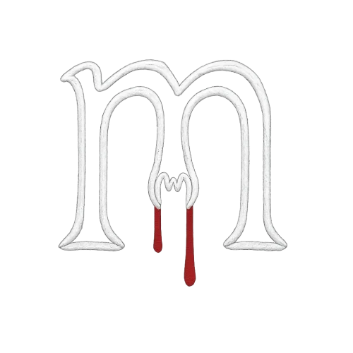 a white spooky outline of the lowercase letter m with bloody fangs