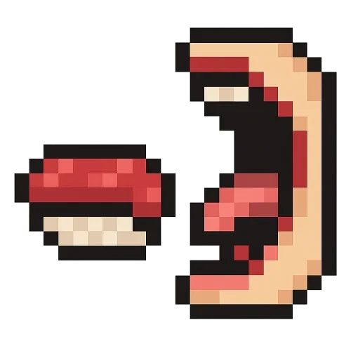 pixel art 8-bit style, a piece of tuna sushi , positioned near a large open mouth in the same pixel art style, ready to be bitten, transparent background, square icon format
