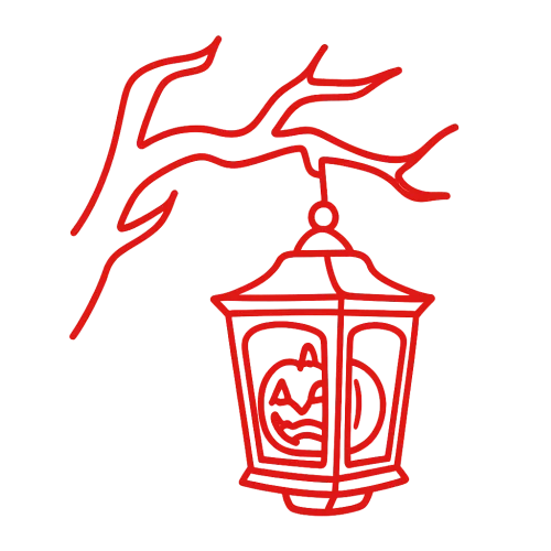 a red outline of a spooky halloween lantern hanging from a spooky looking branch from the side