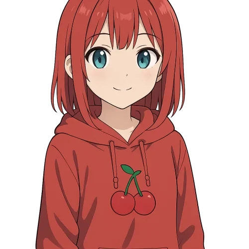 a 2D digital anime-style illustration of a young Japanese girl with medium-length straight red hair, greenish-blue eyes, wearing a red hoodie with a cherry symbol in the center, neutral lighting, clean line art, proportional head and body, cute expression, high detail, soft shadows, vibrant colors, transparent background