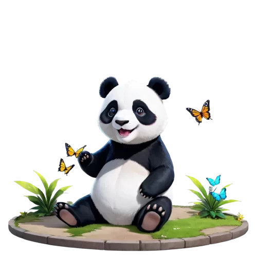 panda sitting in the ground  of the shop ,with create  ,colorful ,funful and joyful , some butterfly flying around the panda,cute and beauty,