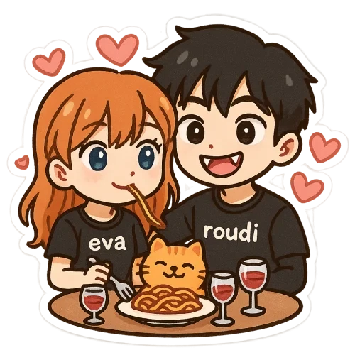 A cute good anime couple, girl with orange hair and blue eyes wearing black pijama with "eva", amazing boy with black hair and brown eyes vampire teeth wearing black pijama with "roudi" , and orange fat cat smile,  having dinner in sweet place full with hearts ,sweet couple sticker style, transparent background, 512x512