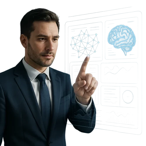 A realistic business professional interacting with a transparent holographic AI interface, neural network visuals floating around, modern office environment, blue and white color tones, ultra-detailed, cinematic lighting, photorealistic, shallow depth of field, no text, no logos