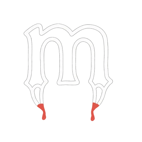 a white spooky outline of the lowercase letter m with bloody fangs