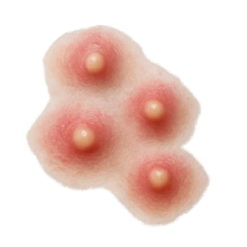 A highly realistic close-up photo of small acne pimples, isolated on a transparent background, no face, no skin, detailed texture, natural lighting, macro photography, dermatology reference, clean PNG style, 8K ultra realistic