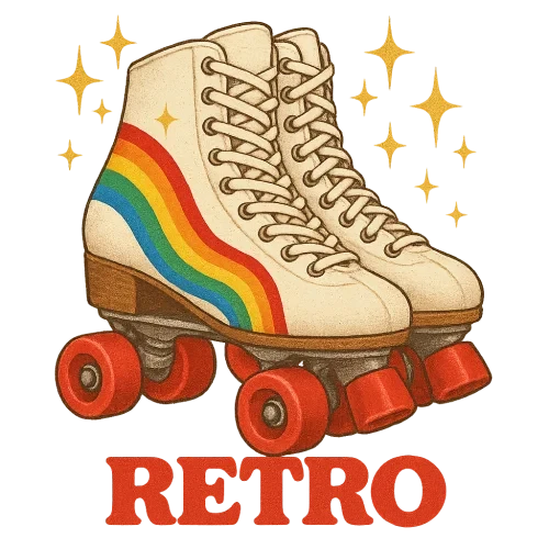 “Classic retro roller skates with rainbow stripes, sparkles, vintage 80s disco aesthetic, soft grain texture, bold retro typography”