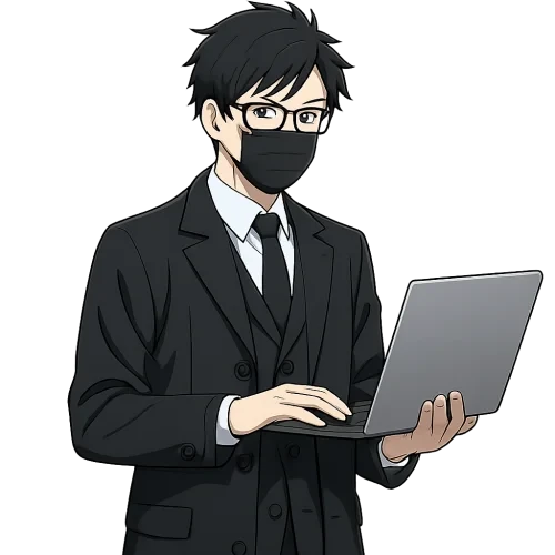 make a man standing with holding a laptop, worn - black coat and black tie, a black mask and black glasses and it should be anime style.