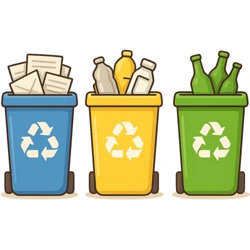 three colorful recycling bins in a clean cartoon illustration style, one blue with paper waste, one yellow with plastic containers and bottles, and one green with glass bottles, white recycling symbols on the front, flat bright colors, soft shadows, minimal outlines, educational and eco-friendly design, simple background or transparent background, high resolution png